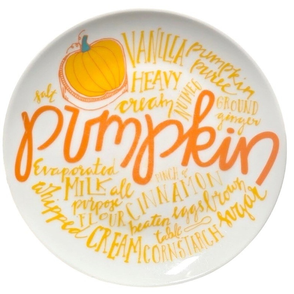 Crate & Barrel Pumpkin Spice Recipe Plate Ceramic White Orange Fall Thanksgiving